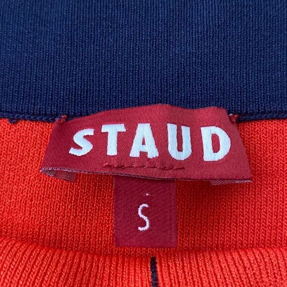STAUD tomato red/blue straps w/ buttons dress knit S pinup retro - Picture 8 of 13